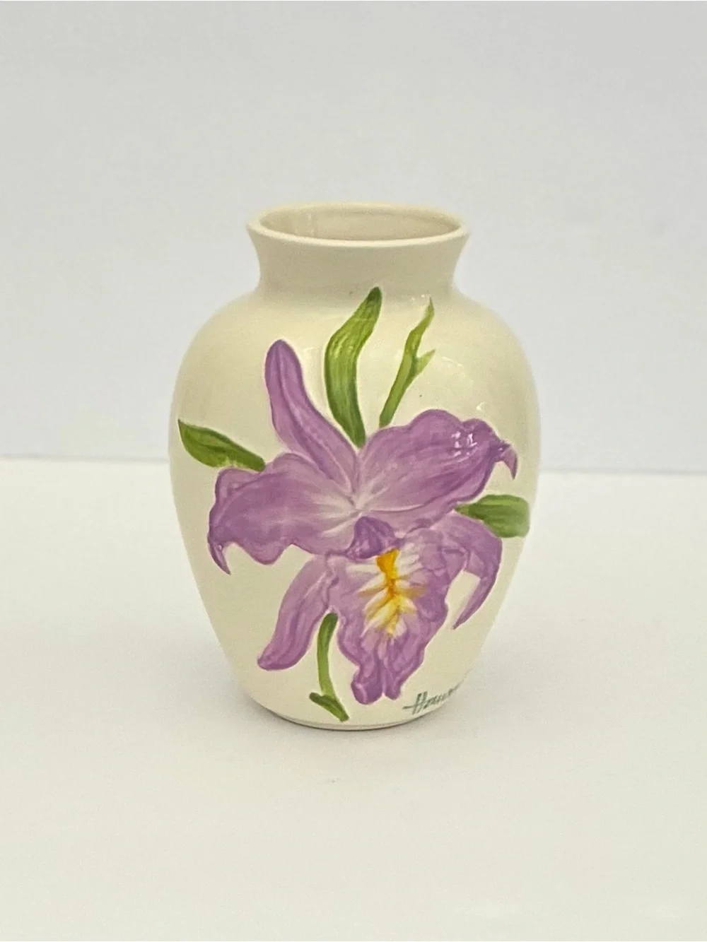 Vintage Hand-Painted Ceramic Vase Purple & Yellow Iris Aloha Designs Hawaii 6”